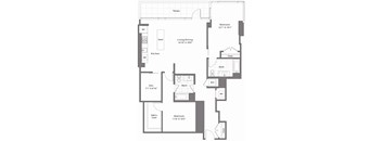 A floor plan of a house with a terrace, two bedrooms, a living/dining area, a kitchen, a bathroom with a walk-in closet, and a den.
