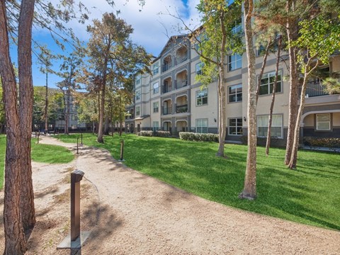 A tree-lined pathway leads to a building.