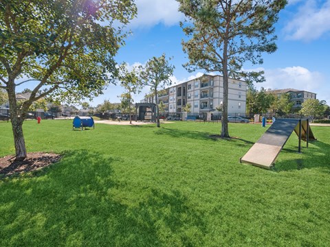 A playground with a slide and a green lawn.