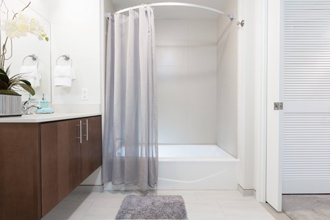 A white bathroom with a shower curtain and a rug on the floor.