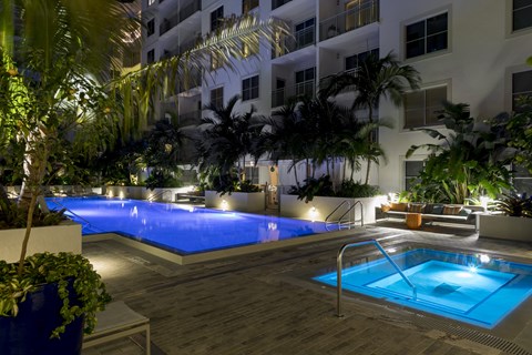 A pool surrounded by plants and trees at night.