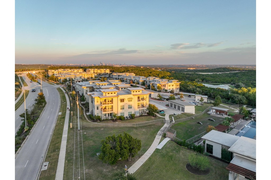 an aerial view of Berkshire Santal apartments in Austin, TX