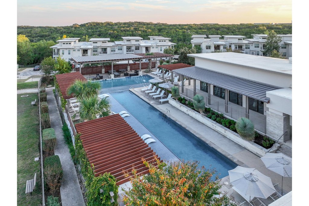 an aerial view of the resort-inspired swimming pool at Berkshire Santal apartments