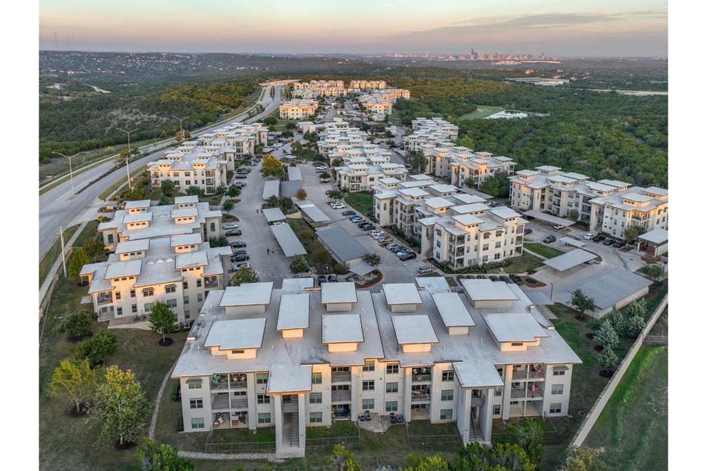 an aerial view of Berkshire Santal apartments in Austin, TX