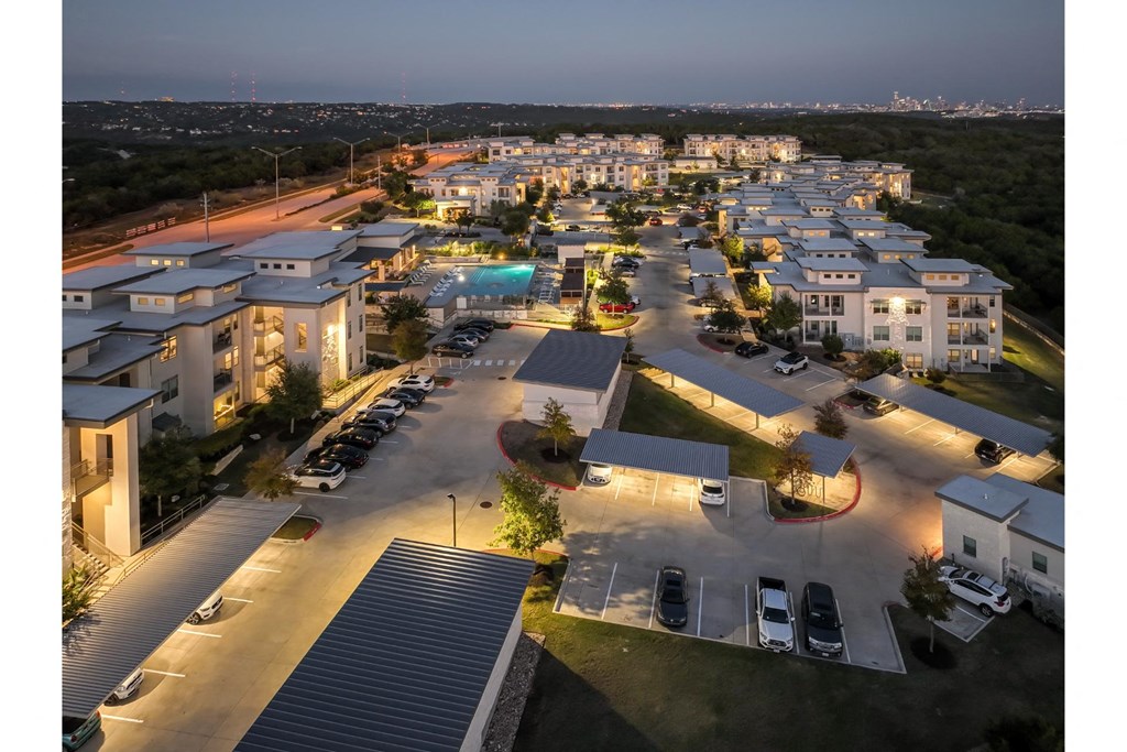 an evening view of Berkshire Santal apartments in Austin, TX