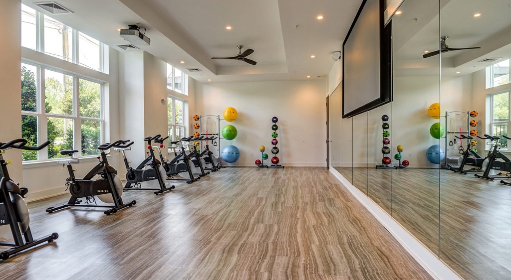 Yoga and spin studio with flex area at Berkshire Ballantyne apartments