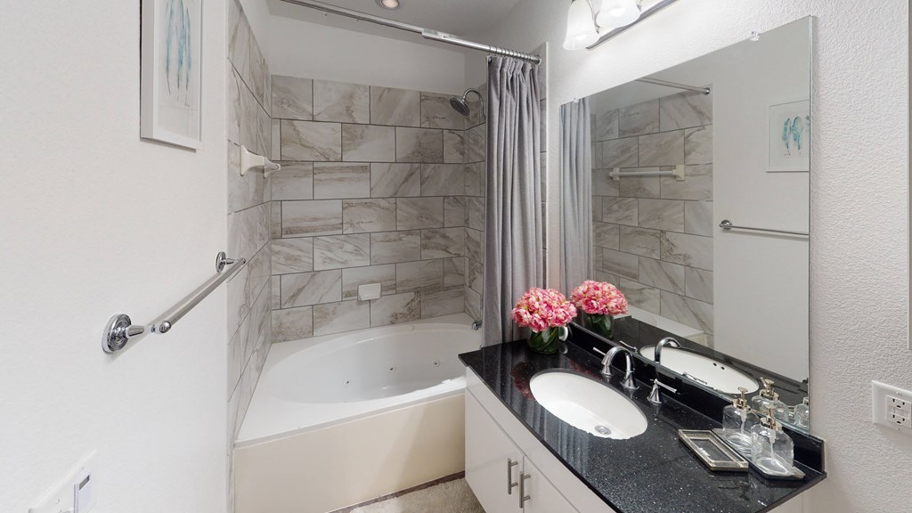 this is a photo of the bathroom in the 1 bedroom clipper floor plan at nant