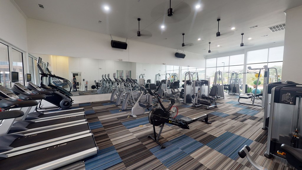 a fully equipped gym with cardio equipment and weights