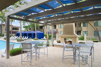 Avora outdoor lounge with fireplace