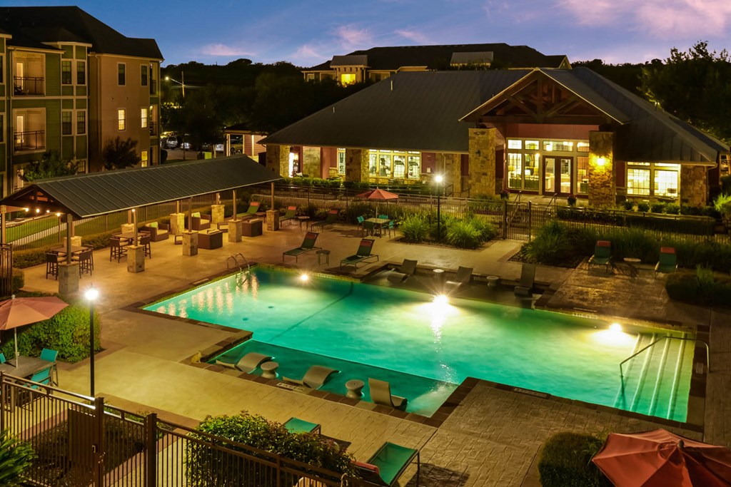 Boardwalk Med Center apartments aerial view of swimming pool
