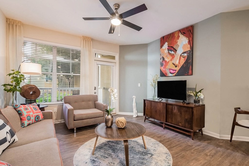 Sorelle apartments living room with ceiling fan