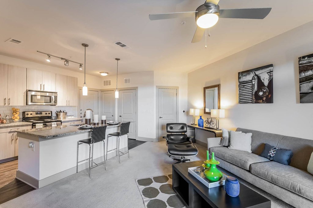 Views at Coolray Field apartments open-concept kitchen and living area