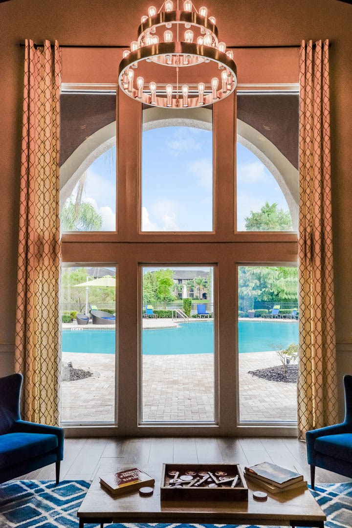 Verano apartments view from clubroom overlooking pool