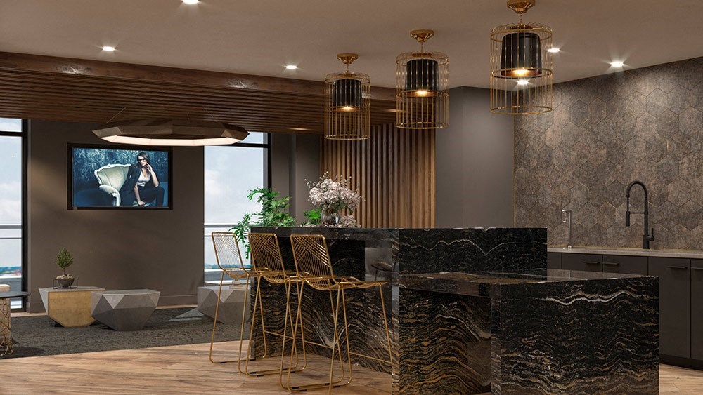 a kitchen with a bar and chairs and a tv in Tribeca NOMA apartments