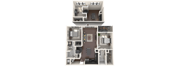 a 3d rendering of a bedroom and a living room