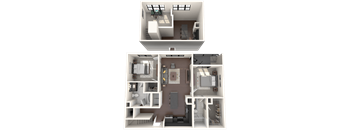 a 3d floor plan of a house with a bedroom and a living room