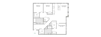 A floor plan of a home with three bedrooms, a living/dining area, and a primary bedroom.