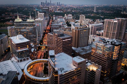 an aerial view of the city in Houston