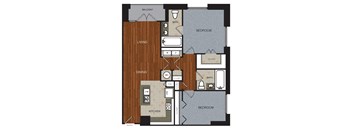 A floor plan of a house with a living room, dining room, kitchen, two bedrooms, a bathroom, and a balcony.