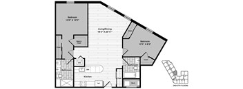 A floor plan of a two-story home with a living area, two bedrooms, a bathroom, a kitchen, and a workspace.