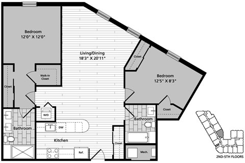 A floor plan of a two-story home with a living area, two bedrooms, a bathroom, a kitchen, and a workspace.