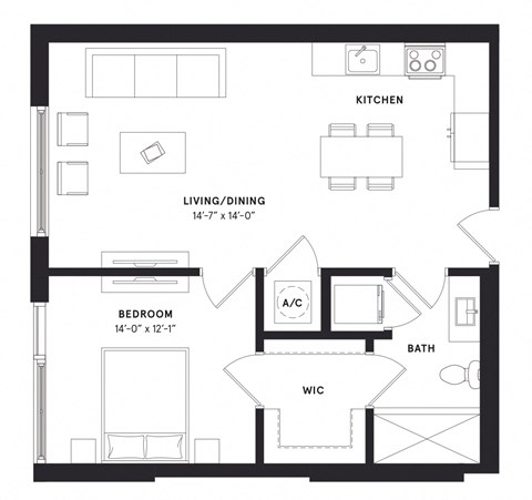 floorplan of a one bedroom luxury apartment at 29 Wyn apartments in Miami, FL