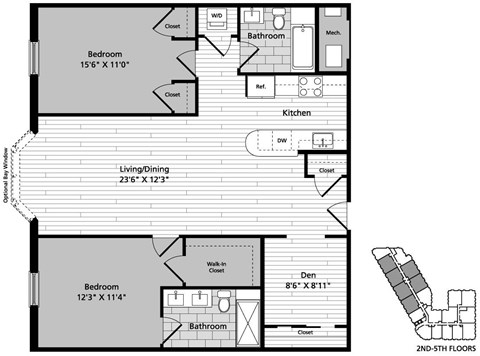 A floor plan of a 2nd-5th floors apartment with a living/dining area, kitchen, and two bedrooms.