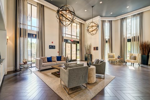A spacious living room with a grey sofa set and a large rug.