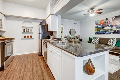 a kitchen with a counter top and a sink