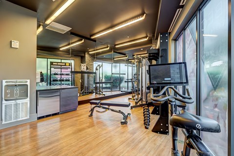 A gym with a variety of equipment including a treadmill, a stationary bike, and a rowing machine.