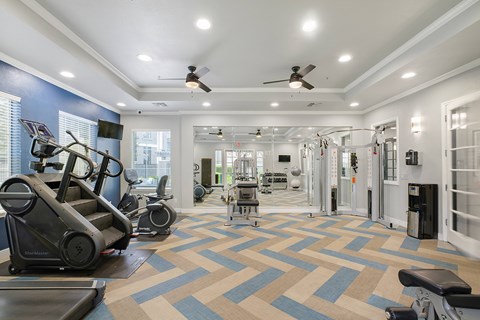 A spacious gym with a variety of equipment and a patterned carpet.