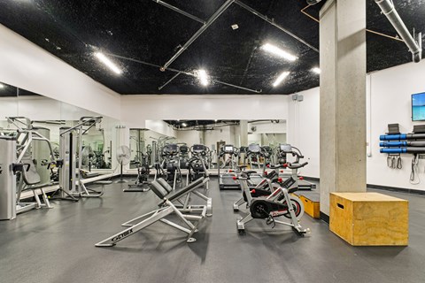 A gym with a variety of equipment including weights and cardio machines.