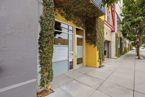 A building with a yellow door and window covered in green vines.