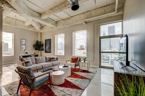 A living room with a grey couch and a red rug.