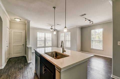 A kitchen with a sink and a window.