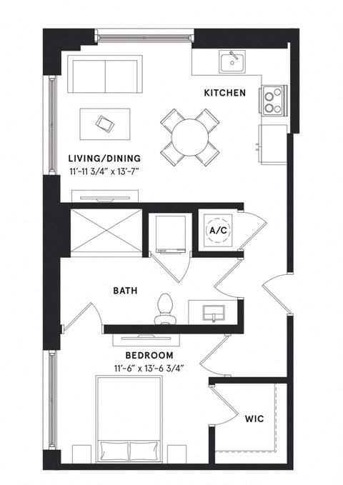 floorplan of a one bedroom luxury apartment at 29 Wyn apartments in Miami, FL