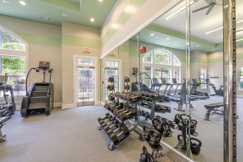 A gym with a variety of equipment including treadmills, weights, and exercise machines.