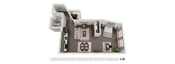 A floor plan of an apartment with a kitchen, living room, and bedrooms.