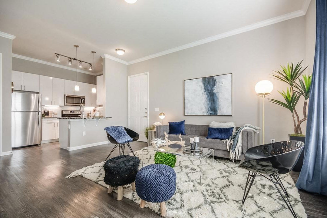 A modern living room with a grey sofa, a black chair and a white rug.