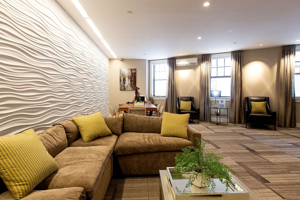 Beautifully Designed Resident Club Room and Lounge with Work-From-Home Spaces, Resident Lounge, Coffee Bar and Media Viewing Space at Gatehouse 75, Massachusetts