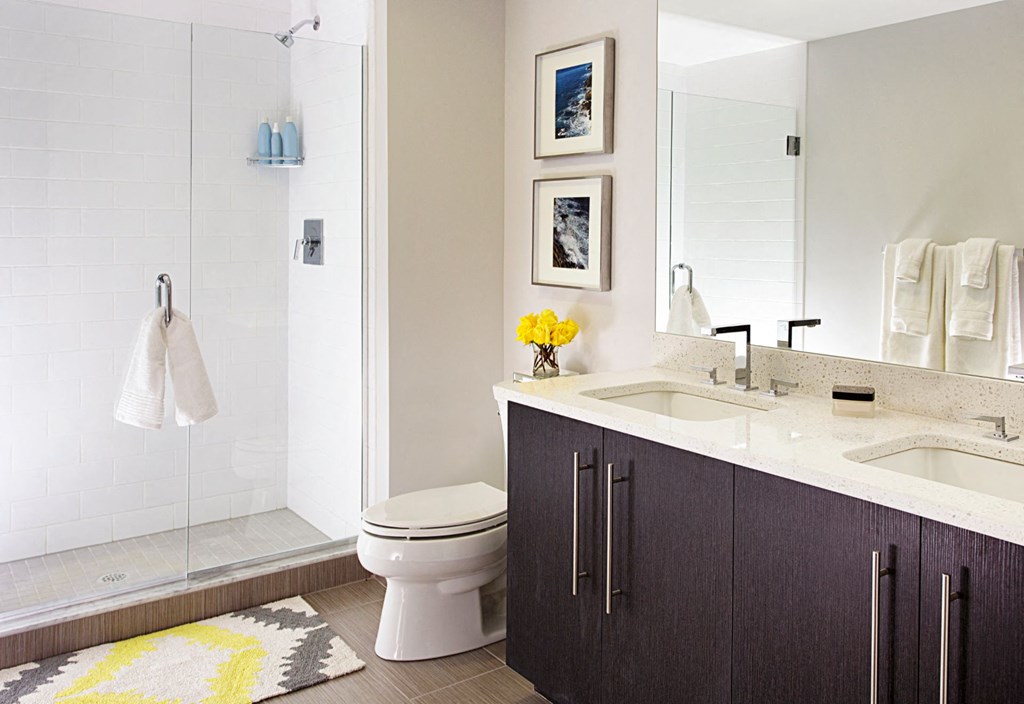 Spa Baths with Frameless Glass Shower, Beautiful Ebony Vanity with Dual Sinks, Large Mirrors and Hard Surface Flooring at Gatehouse 75, Charlestown, MA, 02129