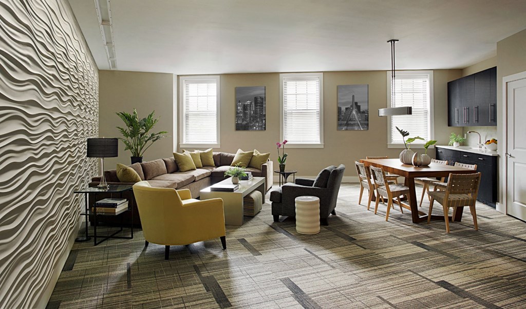 Beautiful Interior Designs in Resident Lounge and Club Room with Coffee Bar, Media Viewing Area and Resident Work Spaces at Gatehouse 75, Massachusetts