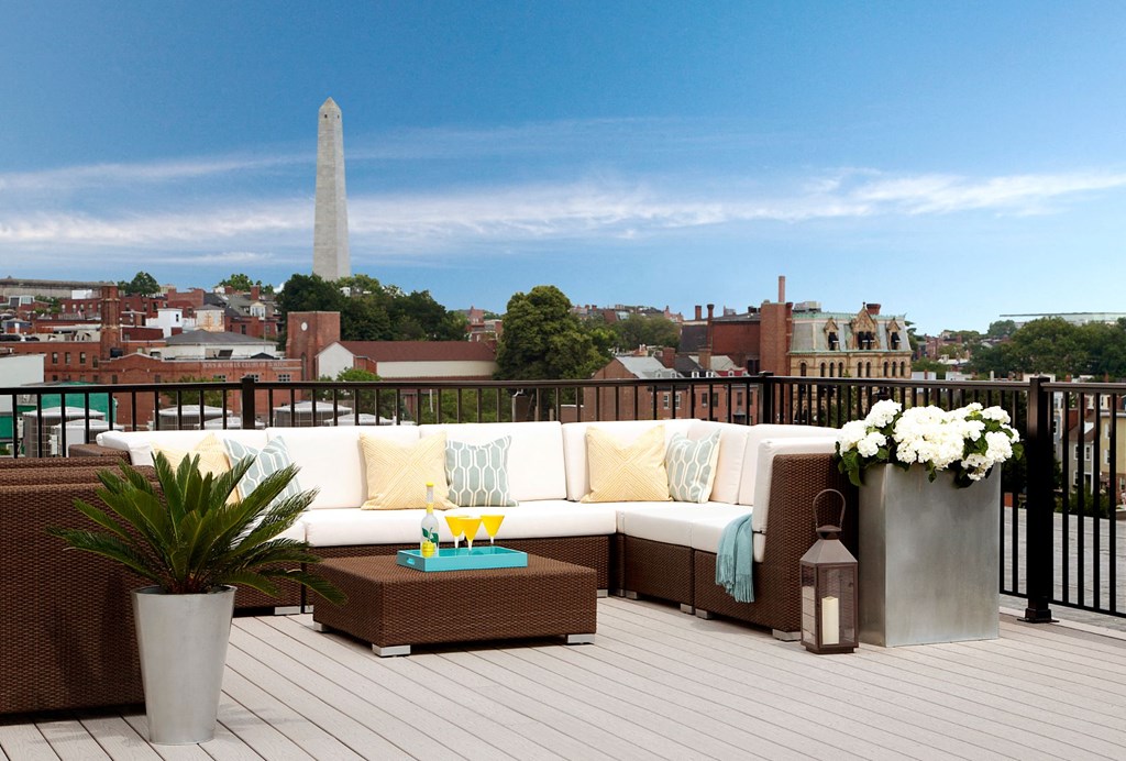 Rooftop Skydeck with outdoor living room and  Charming Views of Historic Charlestown, MA and Bunker Hill Monument at Gatehouse 75, Charlestown, 02129
