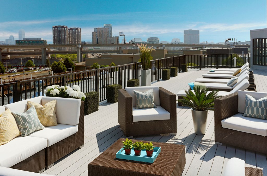 Rooftop Skydeck with Outdoor Living, Sundeck with Lounges and Spectacular Views of Boston City Skyline at Gatehouse 75, Charlestown, MA, 02129