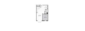 A floor plan of a house with a kitchen, living room, and bedroom.