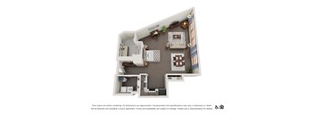A floor plan of an apartment with a kitchen, living room, and bedrooms.