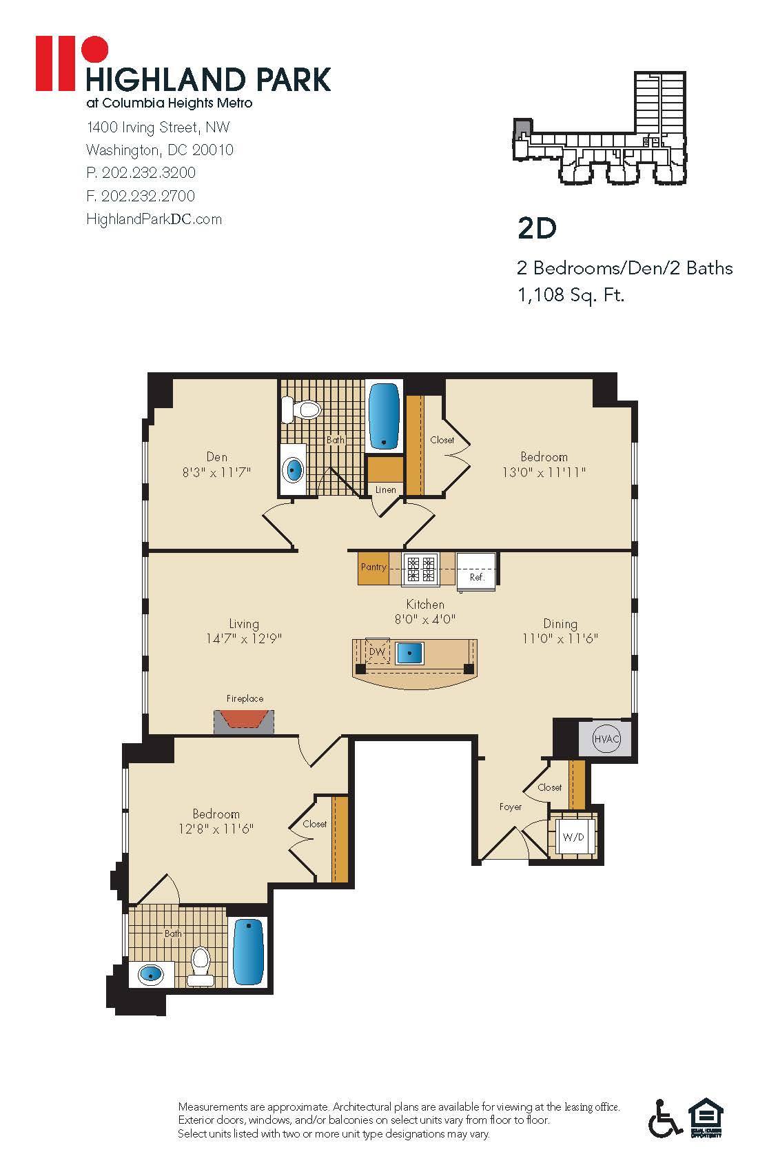 A floor plan for a 2D apartment in Highland Park.