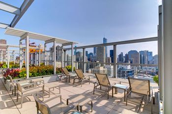 Sun Deck View at Eight O Five Apartments  in River North Chicago, IL Sundeck and Garden Trellis with City Skyline and Lake Michigan Views
