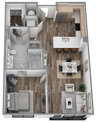 A top-down view of a modern apartment layout.