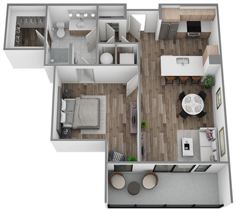 A top-down view of a modern apartment layout with a kitchen, living room, and bedrooms.